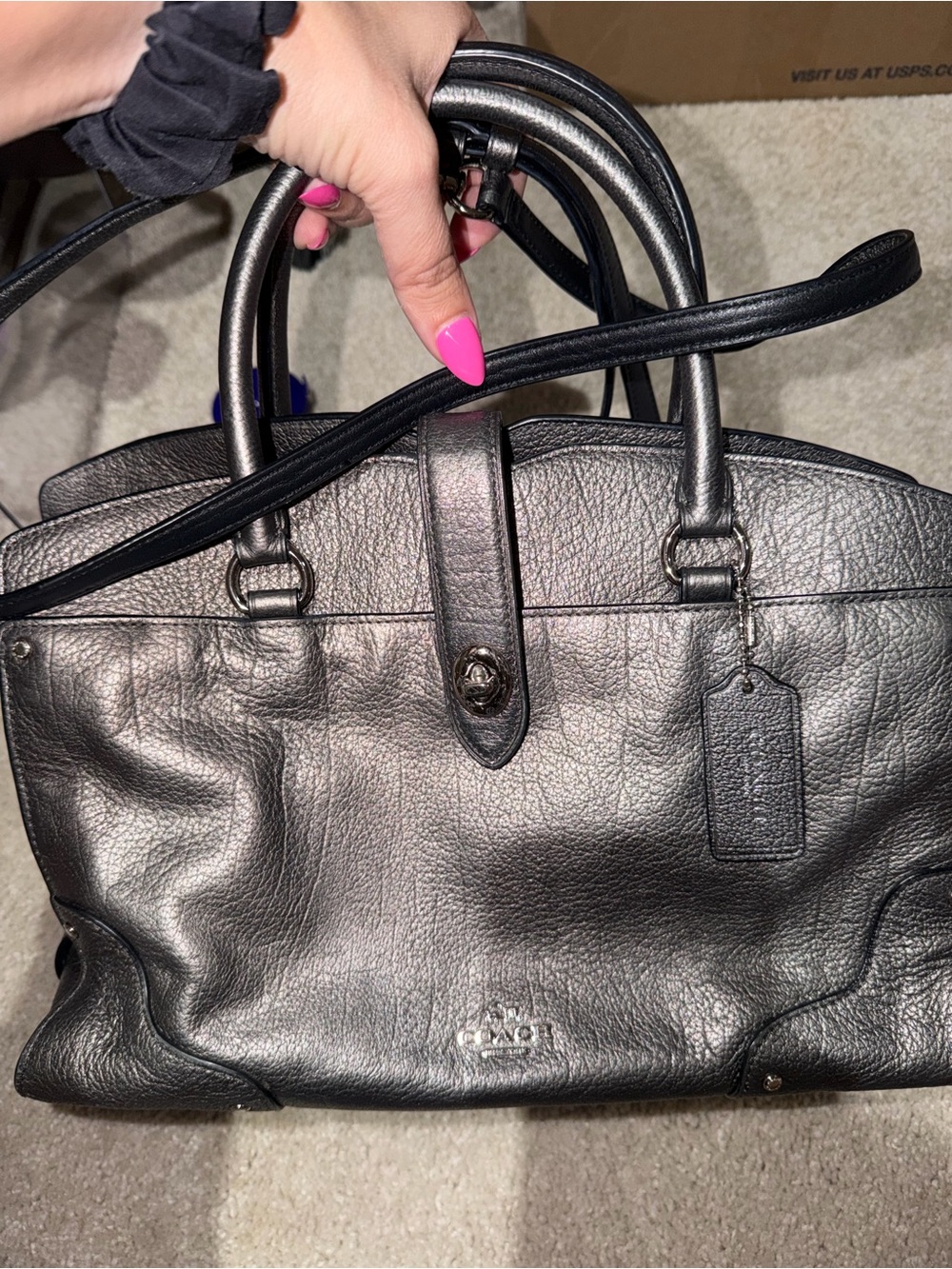 Coach Metallic Pewter Leather Satchel with Top Handles